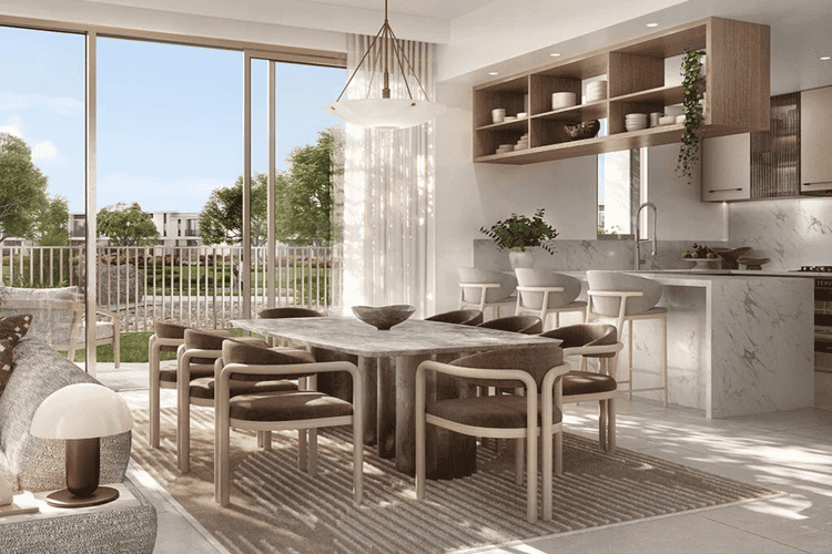 Alva at The Valley by Emaar, marble dining room and kitchen with floor-to-ceiling windows