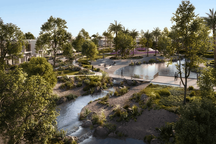 Alva at The Valley by Emaar, landscaped stream and walking paths through the park