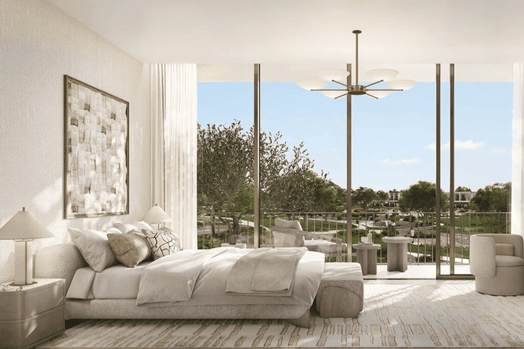 Alva at The Valley by Emaar, master bedroom with balcony overlooking the park