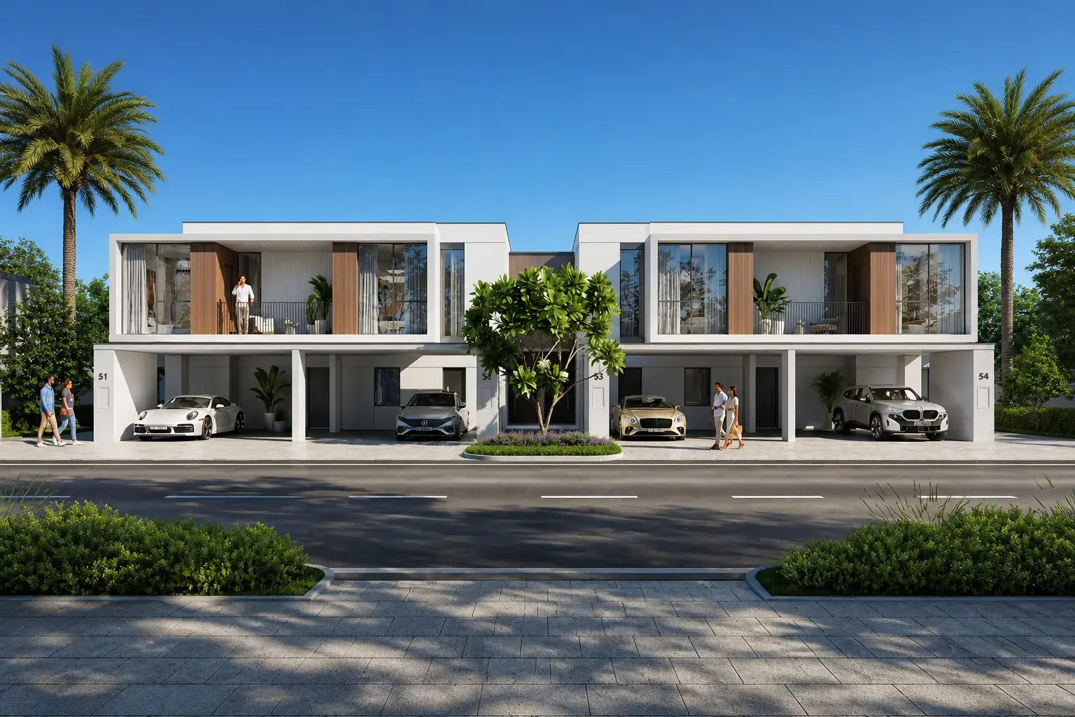 Alva at The Valley by Emaar, modern white townhouses with private carports and landscaped frontage