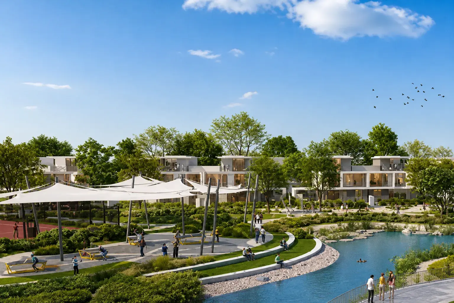 Alva at The Valley by Emaar, shaded recreation area beside the community pond