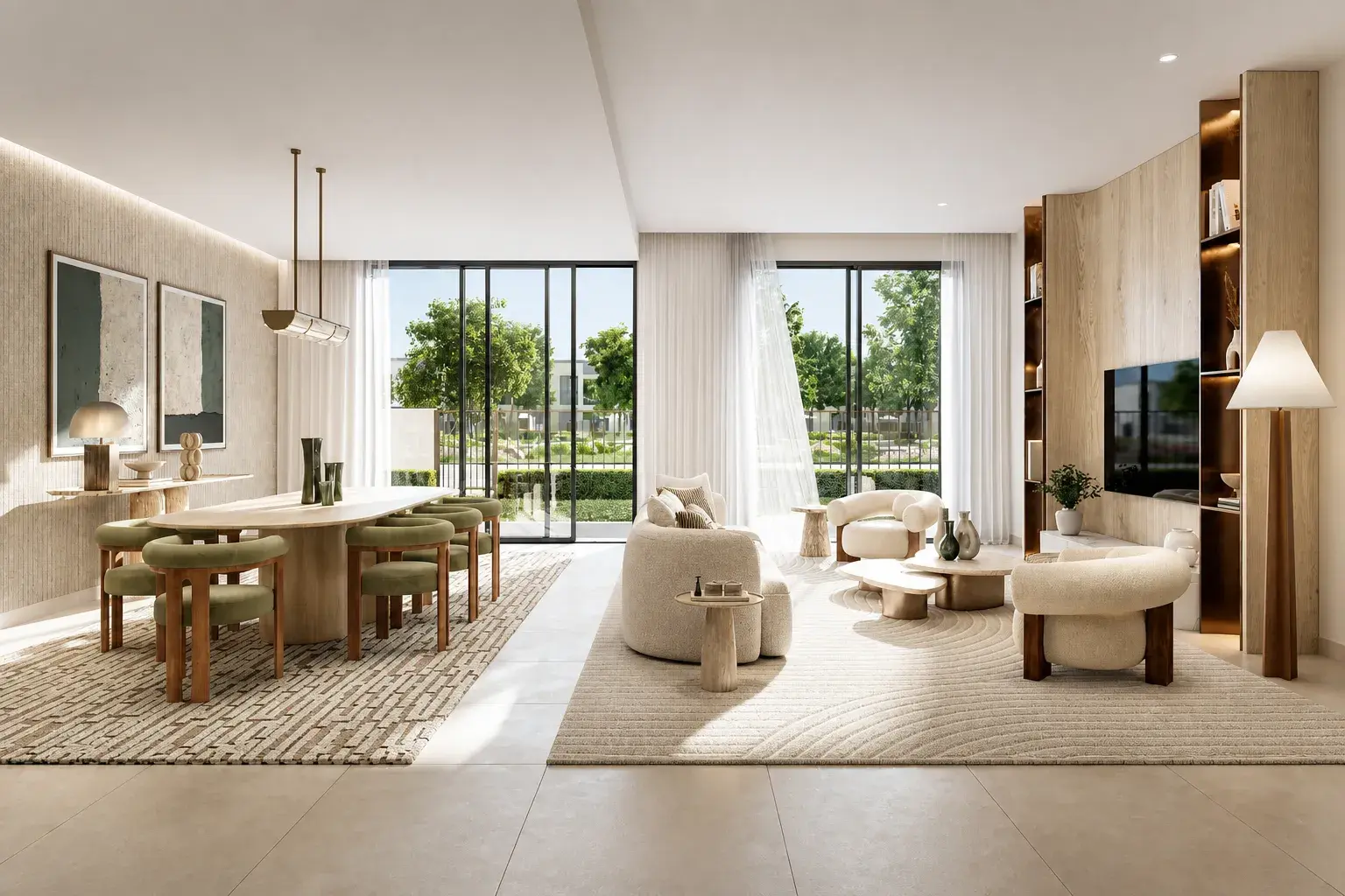 Alva at The Valley by Emaar, open-plan living and dining with garden views