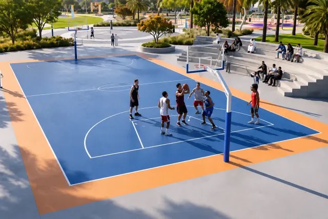 Players on a blue and orange outdoor basketball court with tiered seating at Alva, The Valley by Emaar