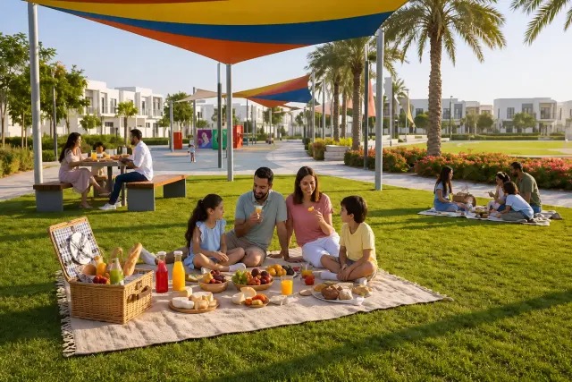Family picnic on a manicured lawn with shade sails and townhouses at Alva's community park, The Valley by Emaar
