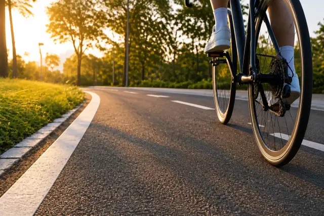 Cyclist on a paved cycling trail lined with mature trees at golden hour in Alva, The Valley by Emaar