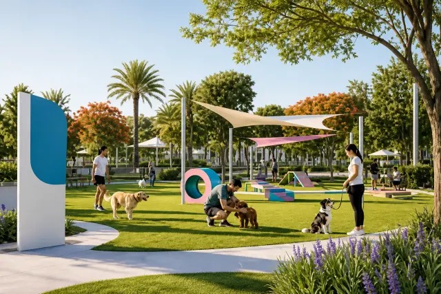 Residents and their dogs at Alva's pet park with colourful agility equipment and shaded seating at The Valley by Emaar