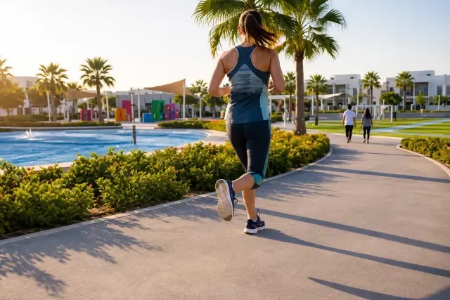 Woman jogging along a curved paved track past water features and play areas at Alva, The Valley by Emaar