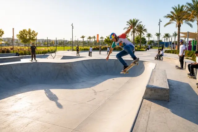 Skateboarder in a concrete bowl at Alva's outdoor skate park surrounded by palm trees at The Valley by Emaar
