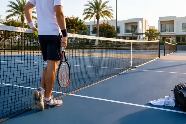 Tennis player at the net on a blue hard court beside Alva townhouses and palm trees at The Valley by Emaar