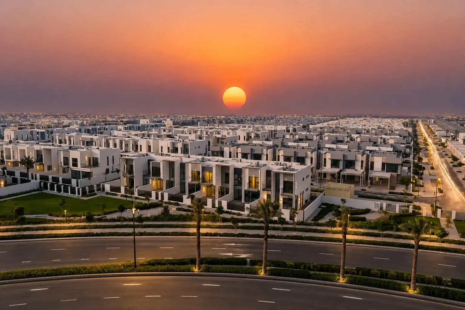 Alva at The Valley by Emaar, aerial view of townhouse community at sunset