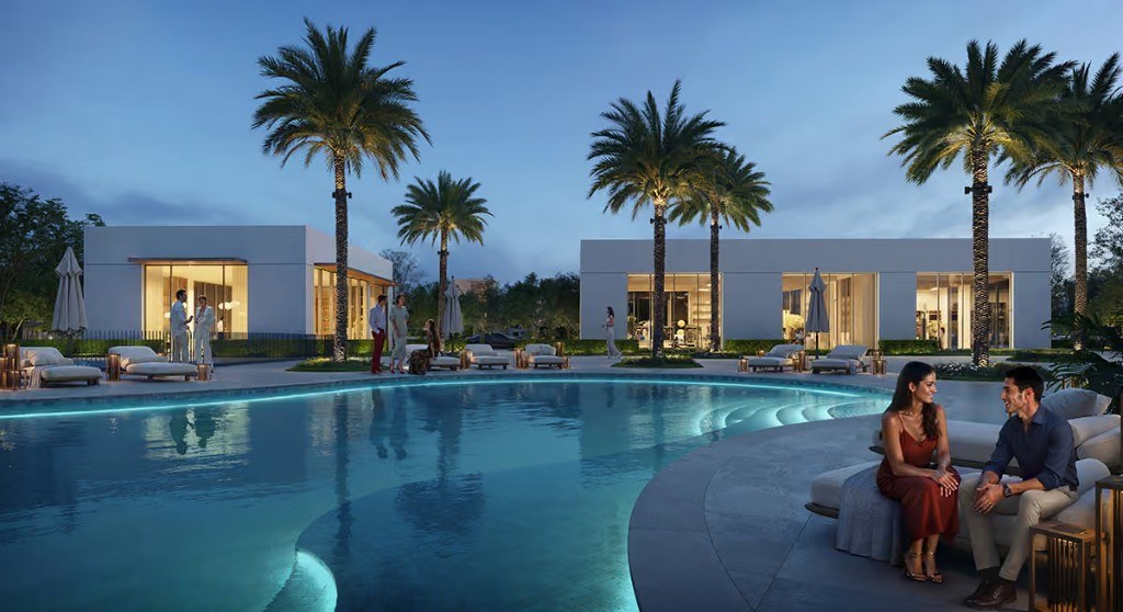 Avelia at The Valley by Emaar — resort-style swimming pool at dusk