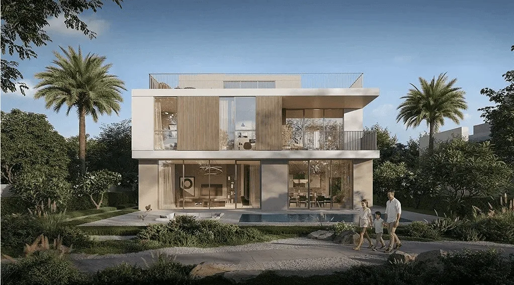 Rear garden and pool of a five-bedroom Premium villa at Avelia at The Valley by Emaar