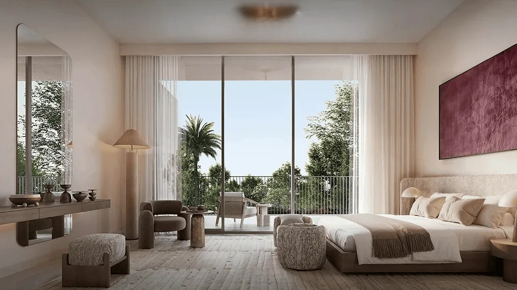 Primary bedroom with balcony at Avelia at The Valley by Emaar