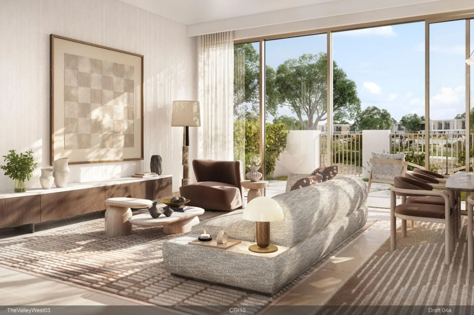 Open-plan living room with garden views at Vindera at The Valley by Emaar