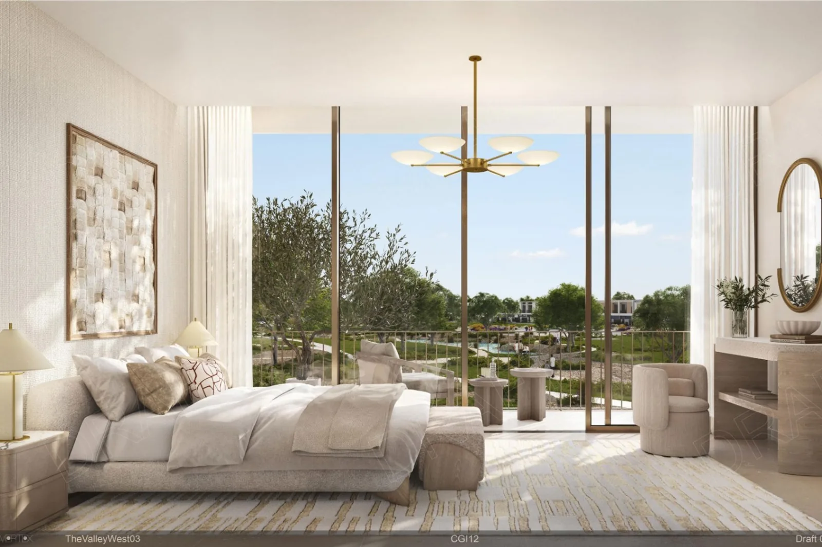Primary bedroom overlooking landscaped trails at Vindera at The Valley by Emaar